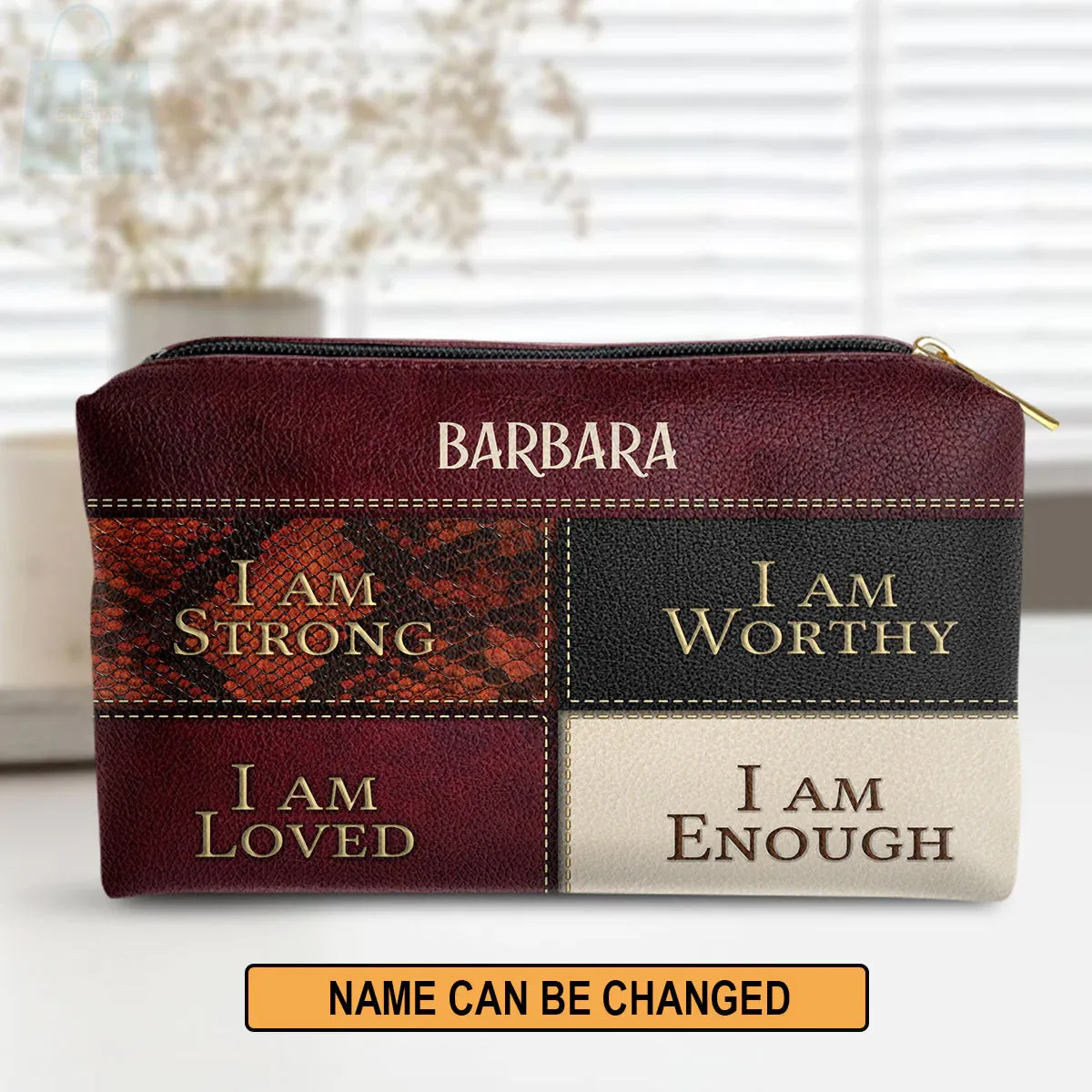 Christianartbag Makeup Cosmetic Bag, I Am Strong, Christmas Gift, Personalized Leather Cosmetic Bag.