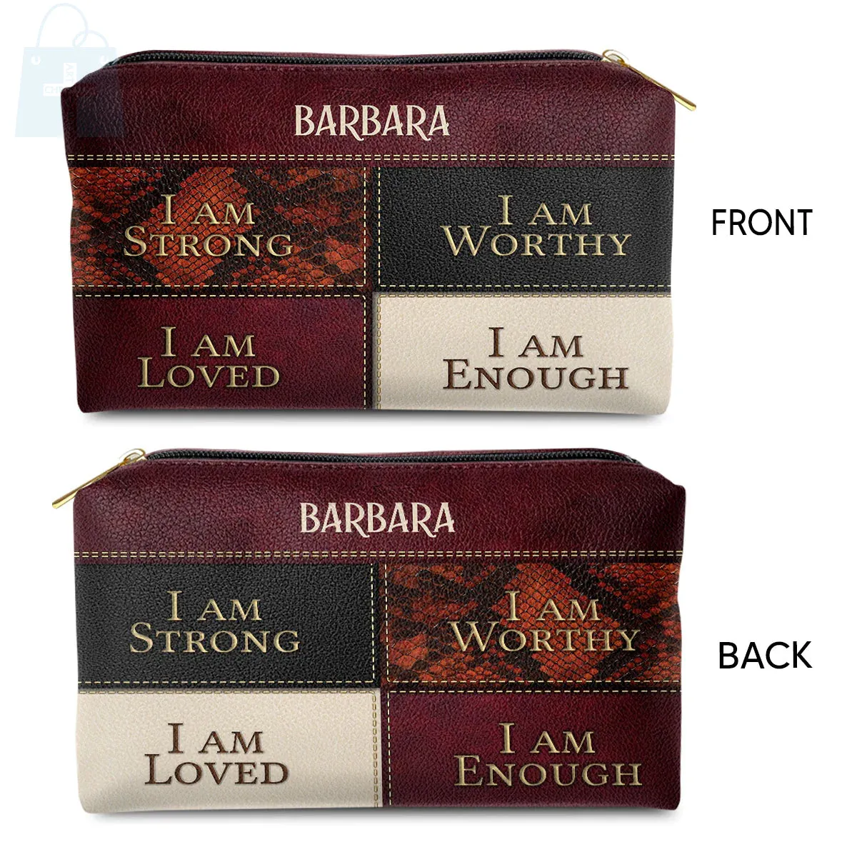 Christianartbag Makeup Cosmetic Bag, I Am Strong, Christmas Gift, Personalized Leather Cosmetic Bag.
