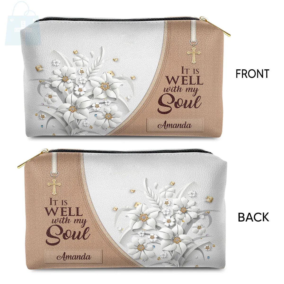 Christianartbag Makeup Cosmetic Bag, It Is Well With My Soul, Christmas Gift, Personalized Leather Cosmetic Bag.