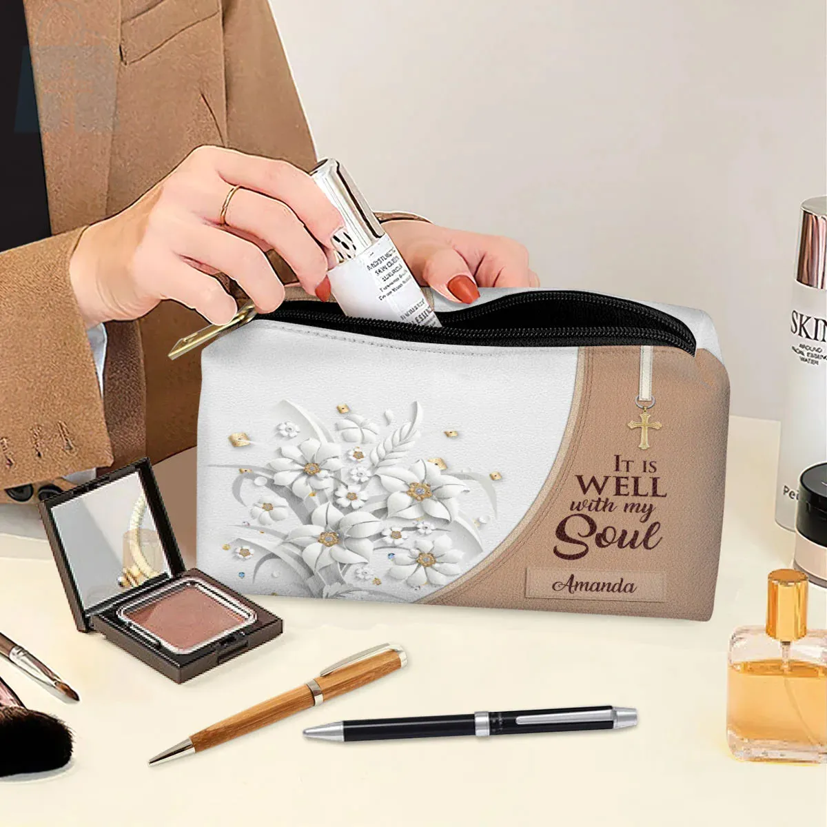 Christianartbag Makeup Cosmetic Bag, It Is Well With My Soul, Christmas Gift, Personalized Leather Cosmetic Bag.