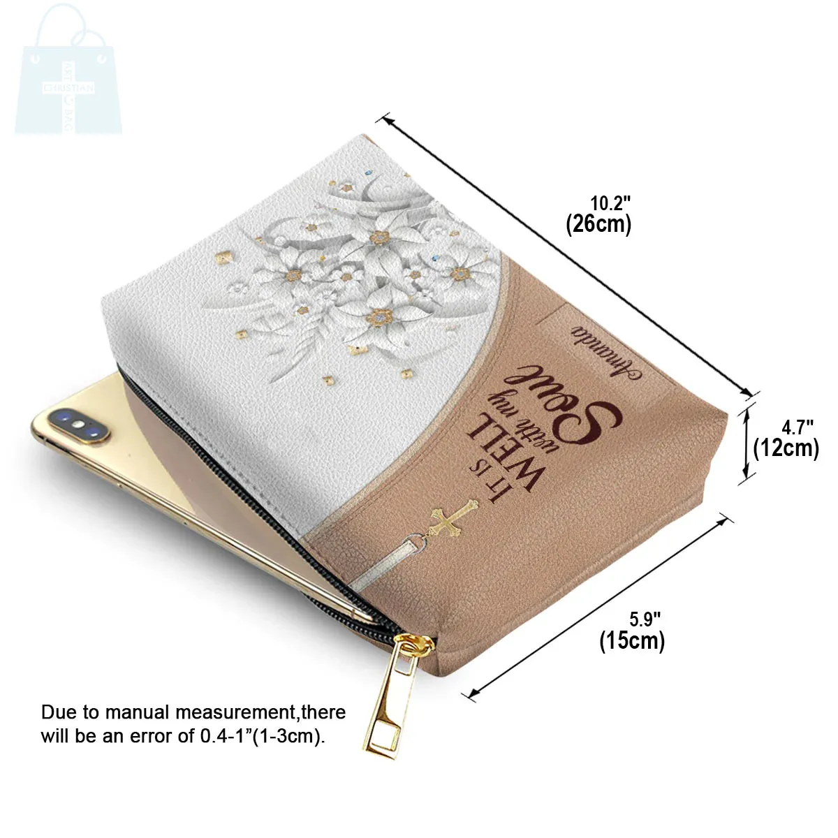 Christianartbag Makeup Cosmetic Bag, It Is Well With My Soul, Christmas Gift, Personalized Leather Cosmetic Bag.