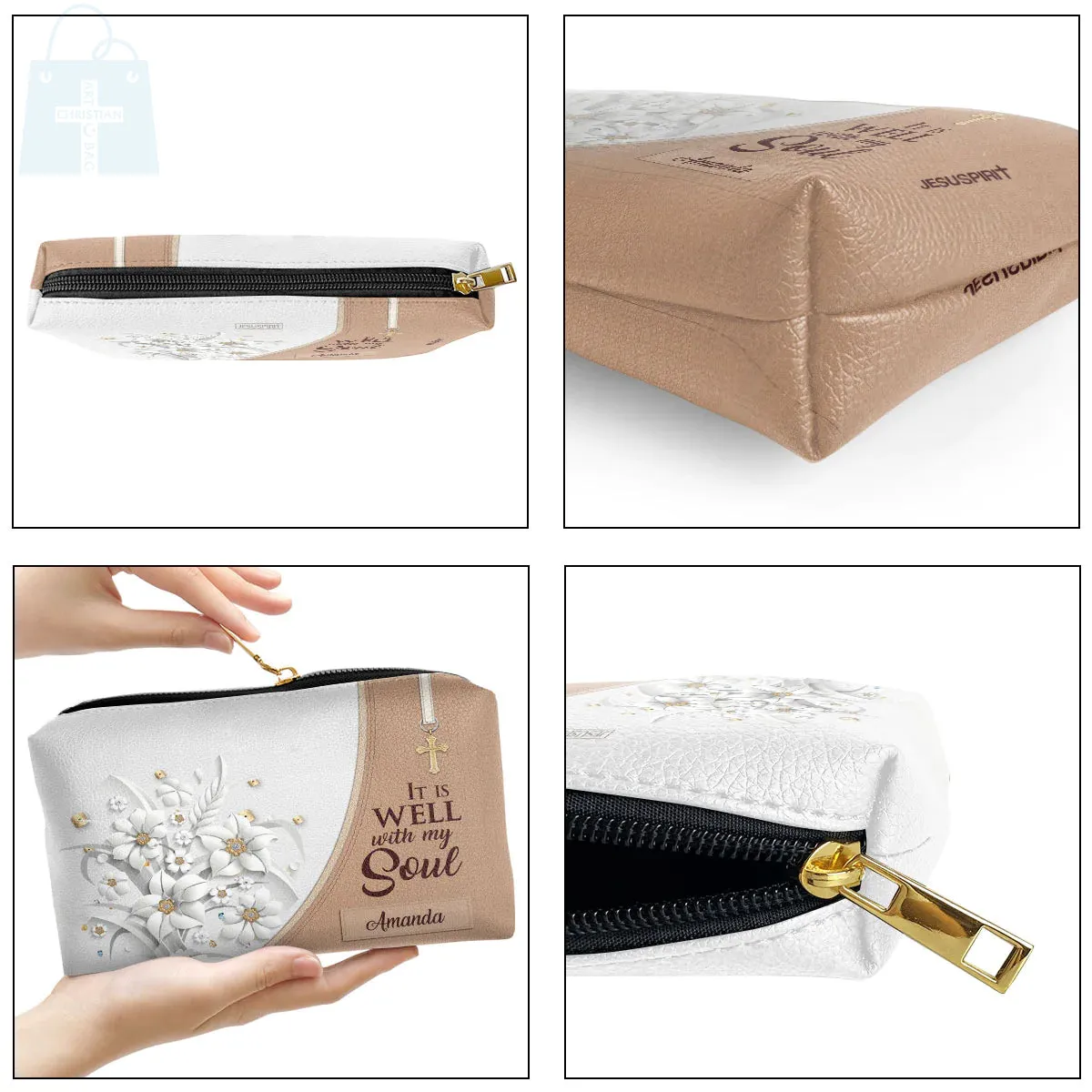 Christianartbag Makeup Cosmetic Bag, It Is Well With My Soul, Christmas Gift, Personalized Leather Cosmetic Bag.