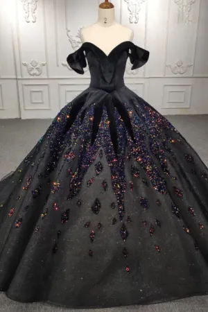 Classic Black Quinceanera Dresses Ball Gown Beading Off-the-shoulder Evening Dresses