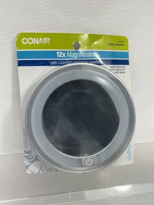 CONAIR LED Dome Lighted Mirror Suction 12X Magnification Makeup Travel Tweeze
