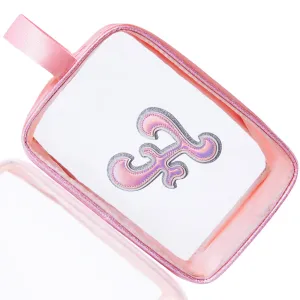 COSHAYSOO Clear Makeup Bag Preppy Initial Letter Cosmetic Toiletry Sunscreen Pouch Travel Essential Accessories Gifts for Women Girls Summer Camp Vacation Beach Pool Lake Hiking Road Trip Pink F