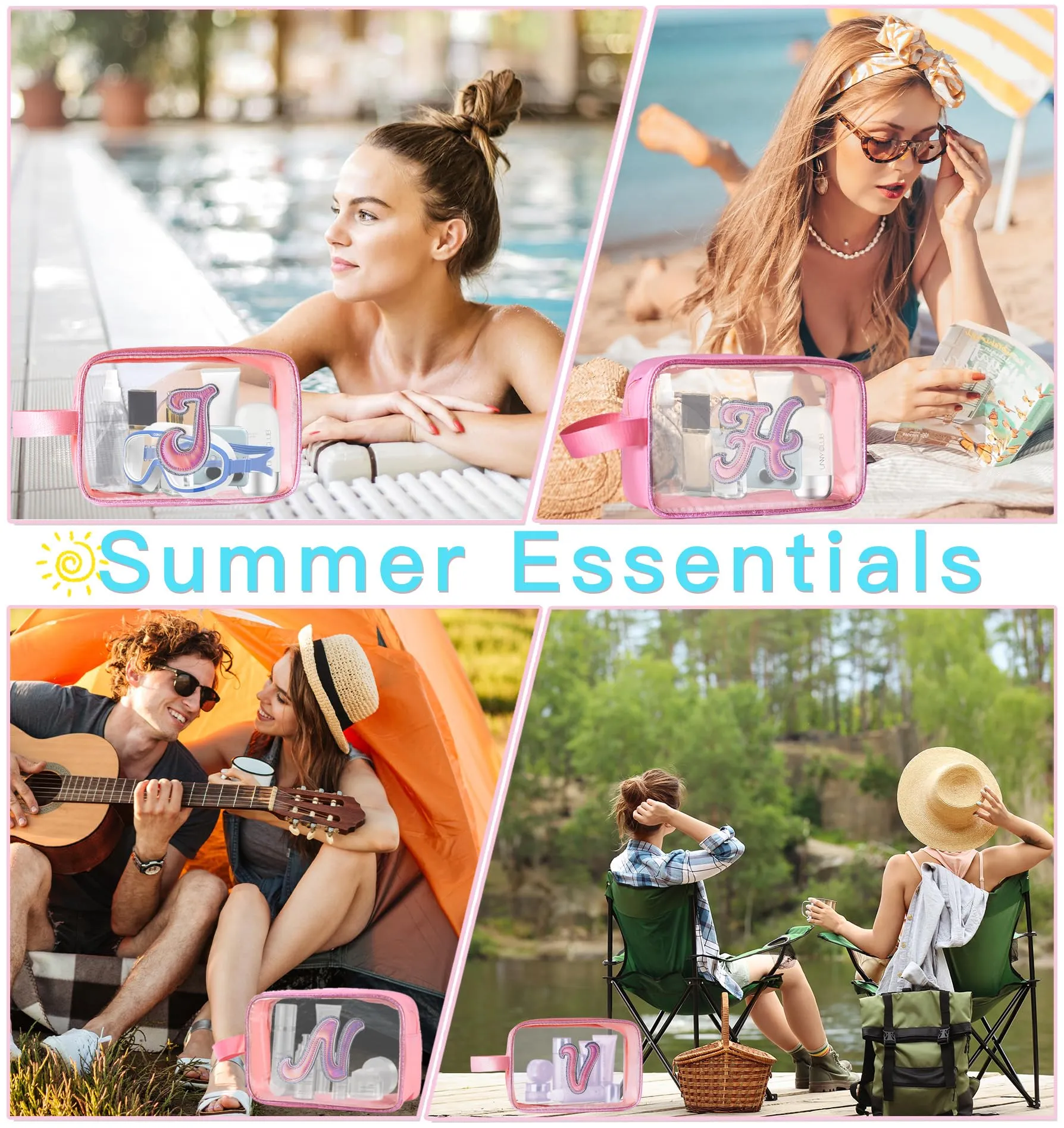 COSHAYSOO Clear Makeup Bag Preppy Initial Letter Cosmetic Toiletry Sunscreen Pouch Travel Essential Accessories Gifts for Women Girls Weekend Summer Holiday Airplane Plane Cruise Traveling Pink T