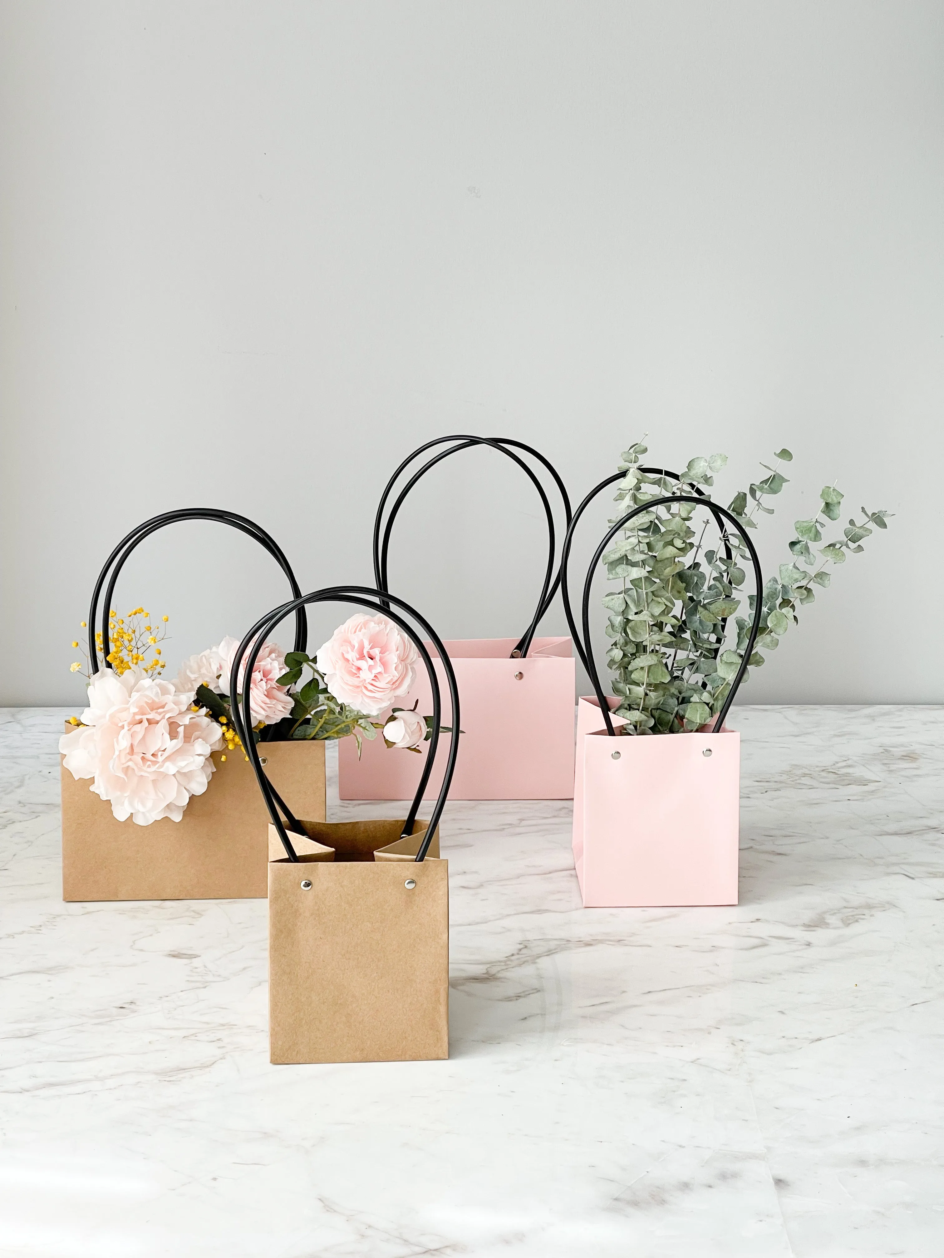 Craft Paper Flower Bag With Black Handle