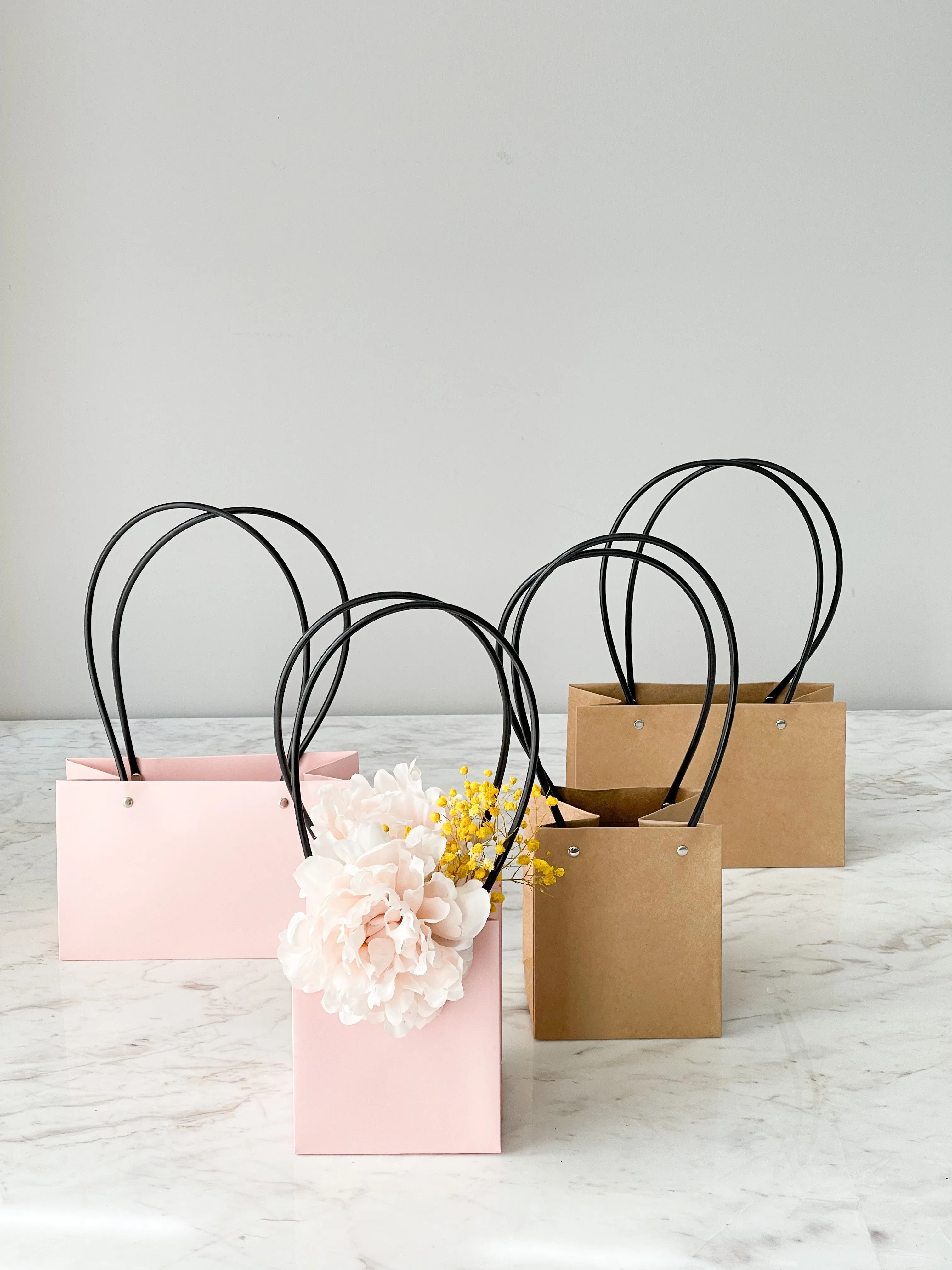 Craft Paper Flower Bag With Black Handle