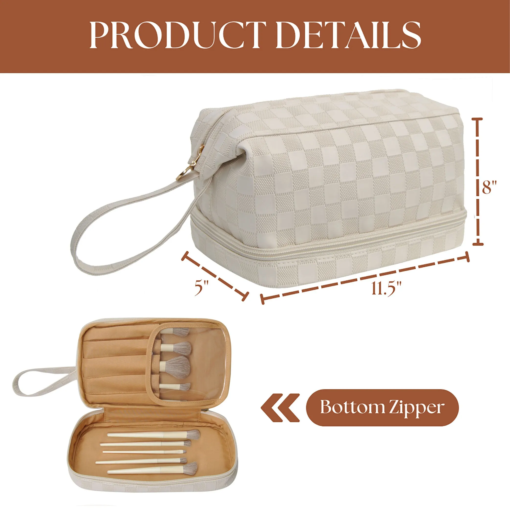 Cream Checkered NGIL Faux Leather Cosmetic Bag