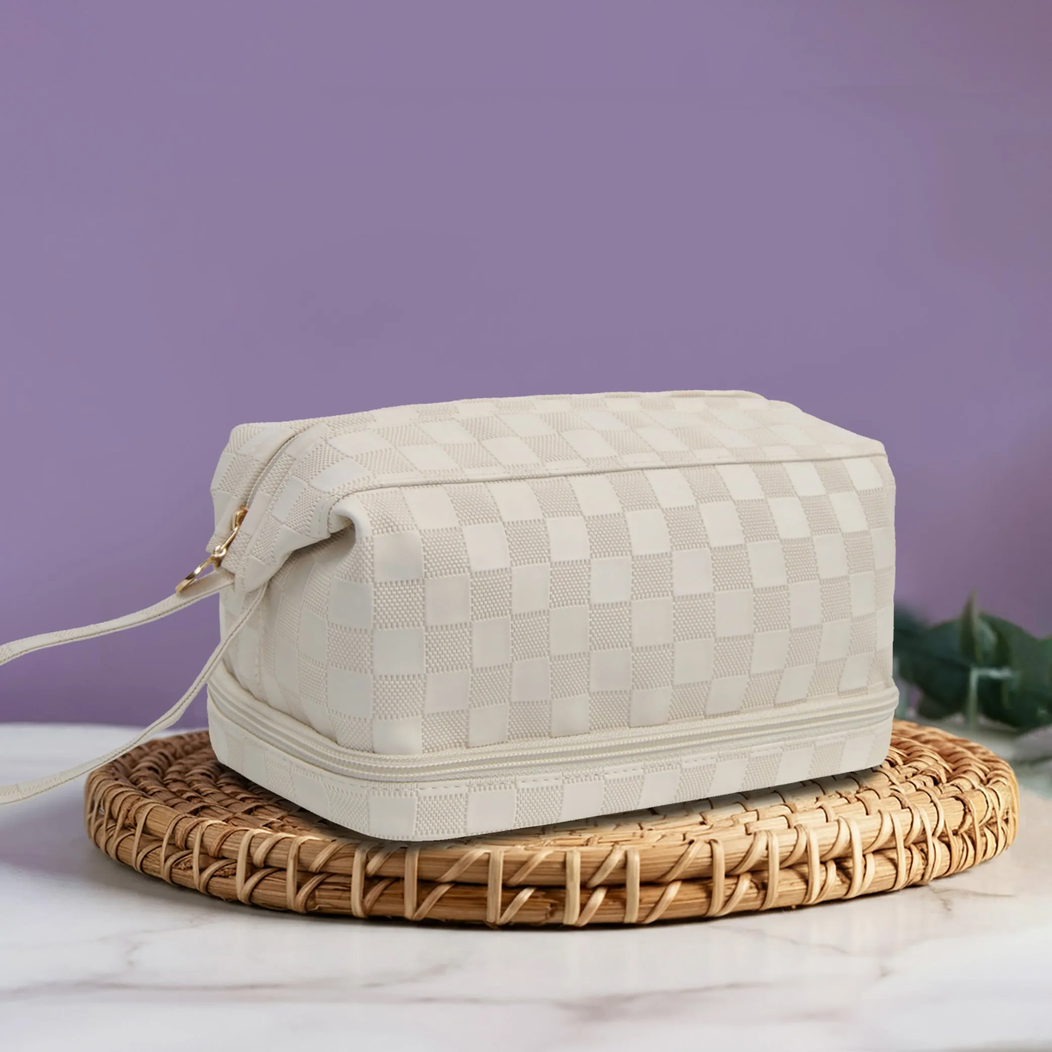 Cream Checkered NGIL Faux Leather Cosmetic Bag