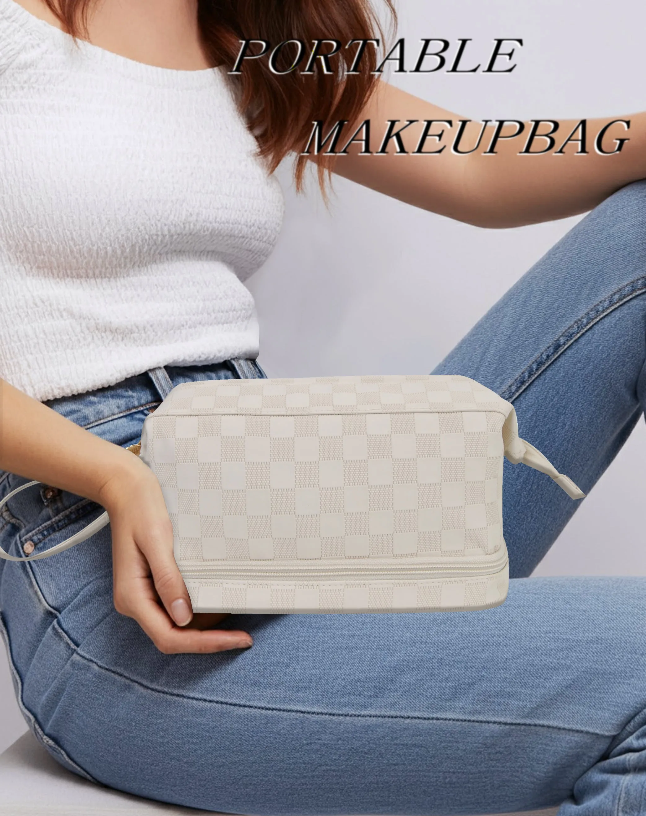 Cream Checkered NGIL Faux Leather Cosmetic Bag