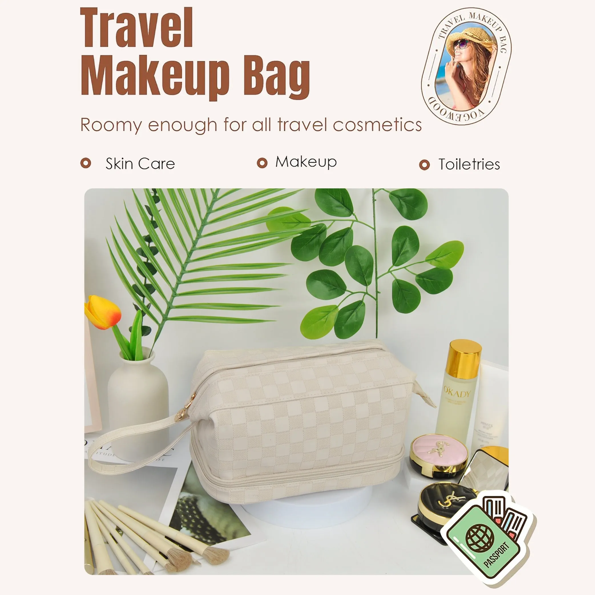 Cream Checkered NGIL Faux Leather Cosmetic Bag