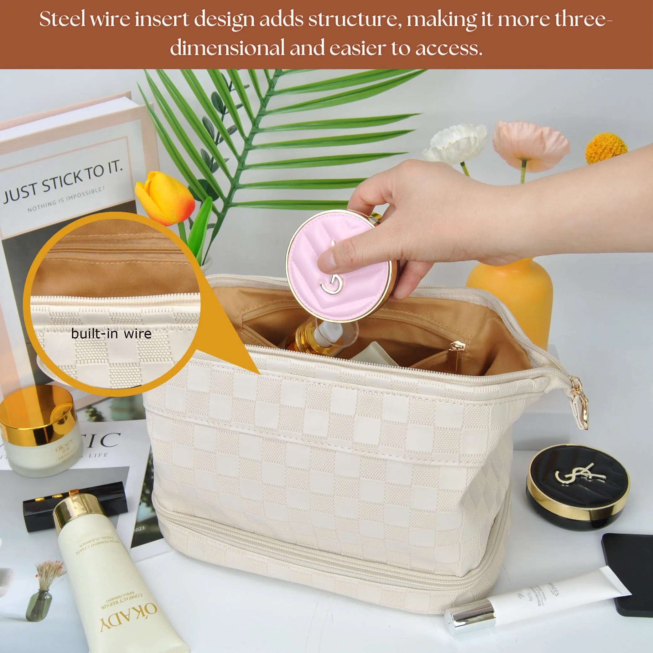 Cream Checkered NGIL Faux Leather Cosmetic Bag