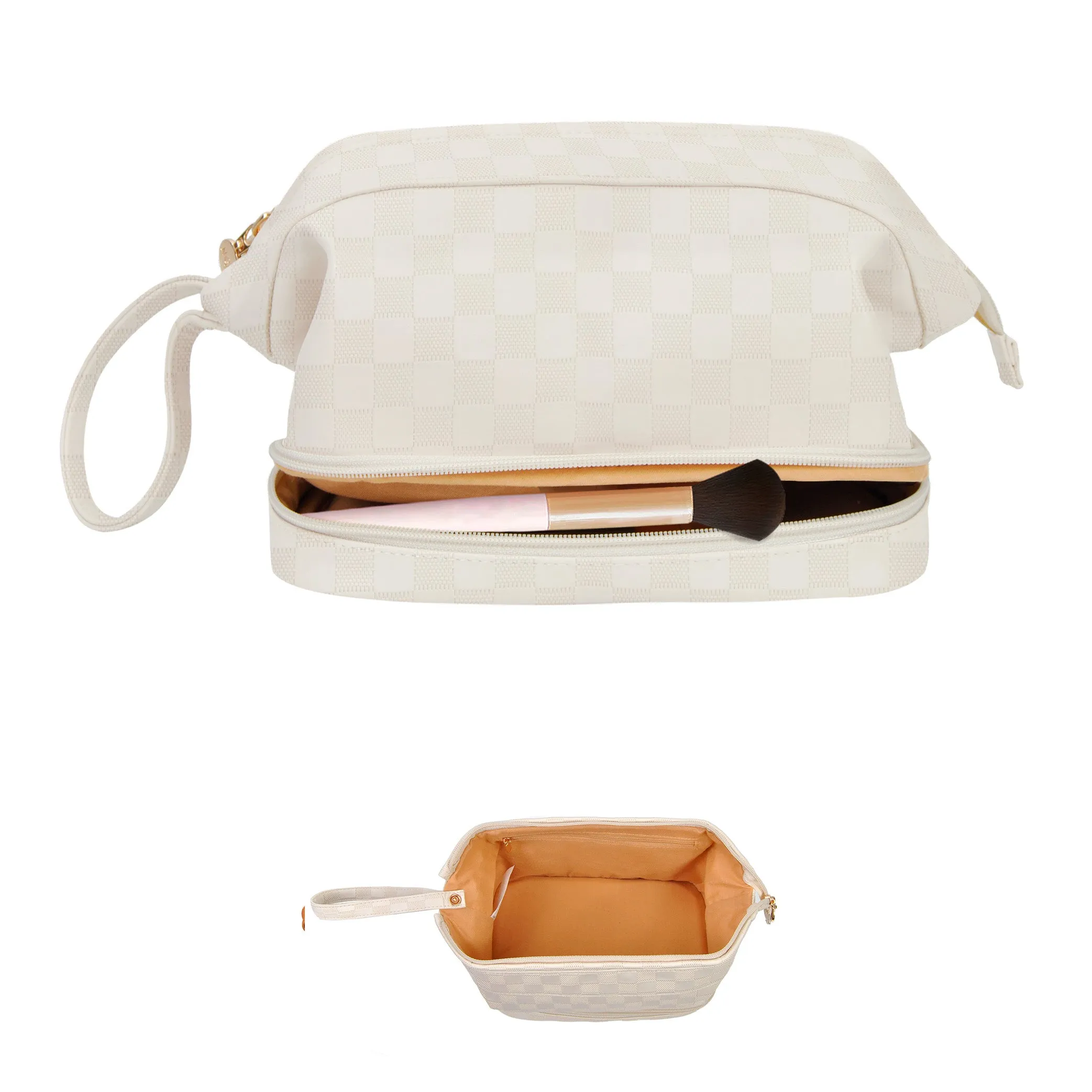 Cream Checkered NGIL Faux Leather Cosmetic Bag