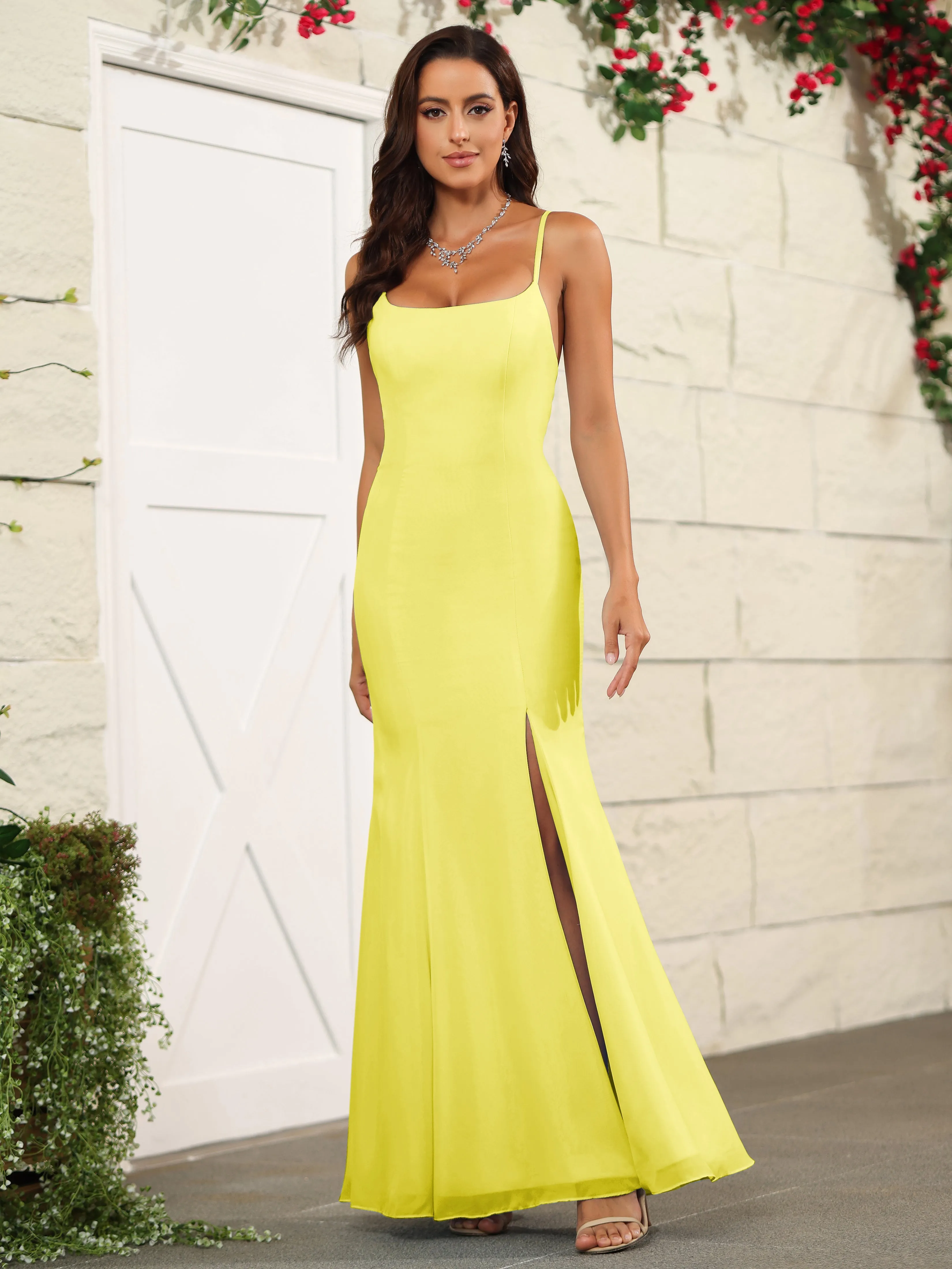 Cross Back Chiffon Spaghetti Straps Floor Length Bridesmaid Dress
