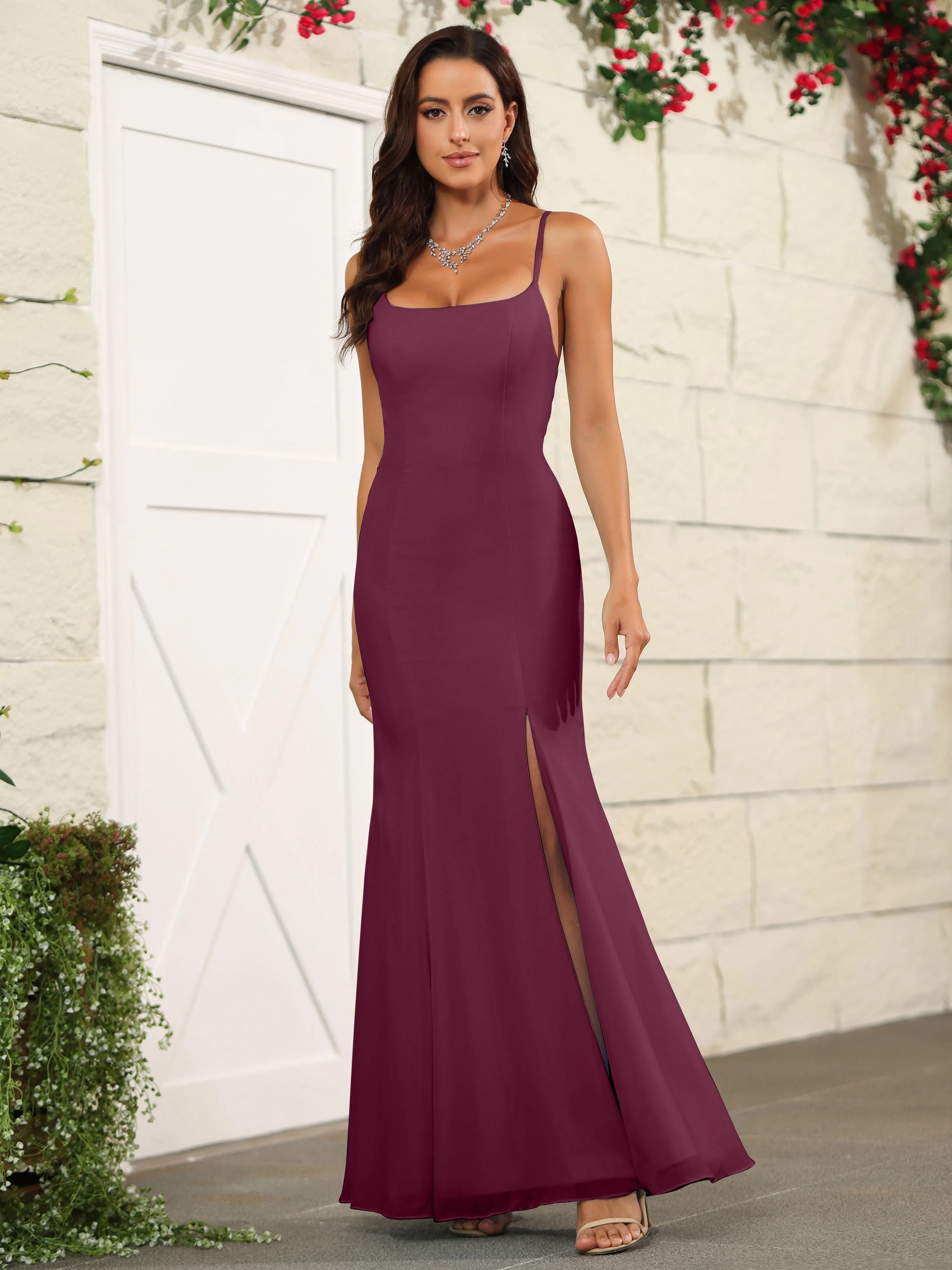 Cross Back Chiffon Spaghetti Straps Floor Length Bridesmaid Dress
