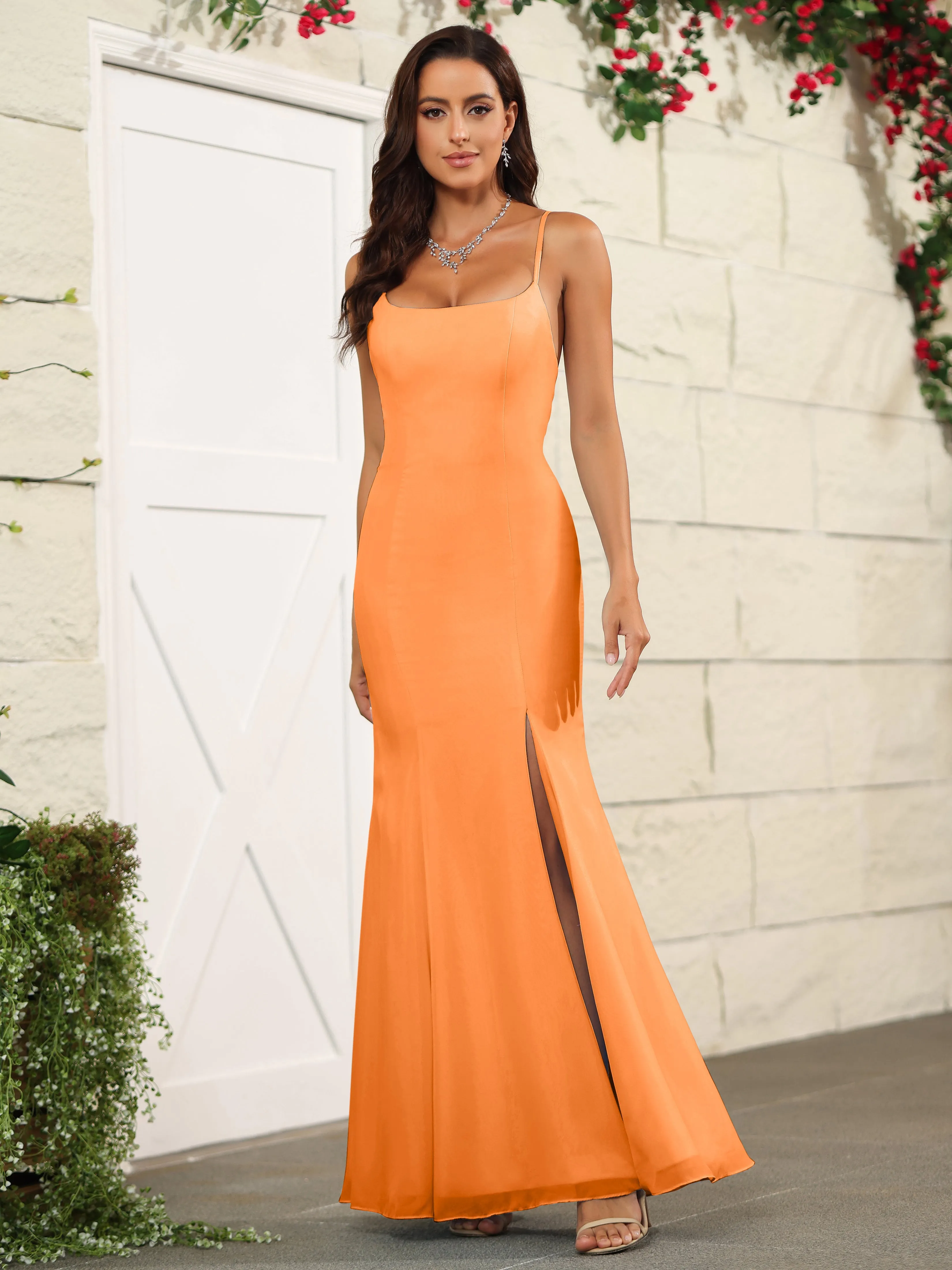 Cross Back Chiffon Spaghetti Straps Floor Length Bridesmaid Dress