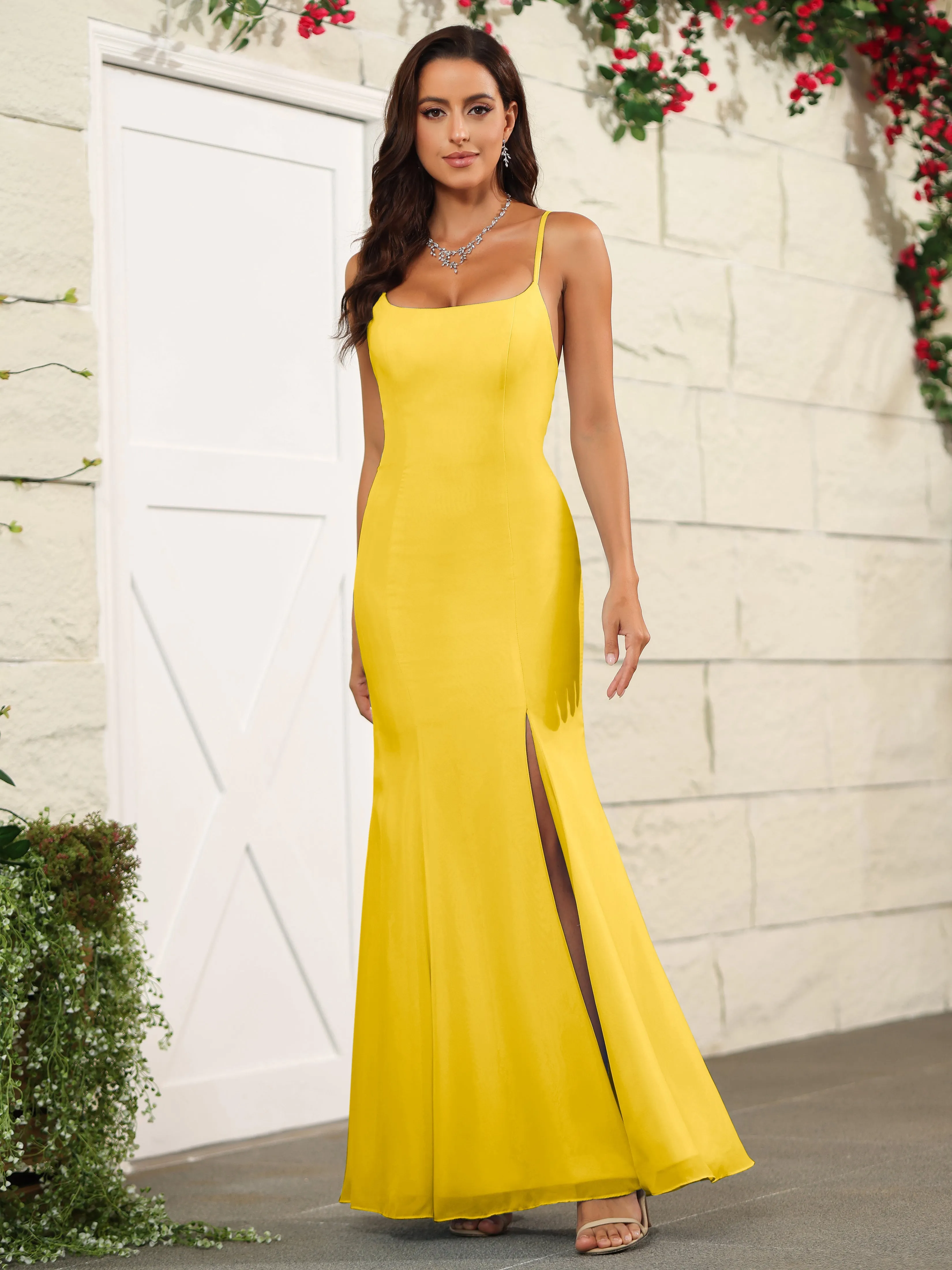 Cross Back Chiffon Spaghetti Straps Floor Length Bridesmaid Dress