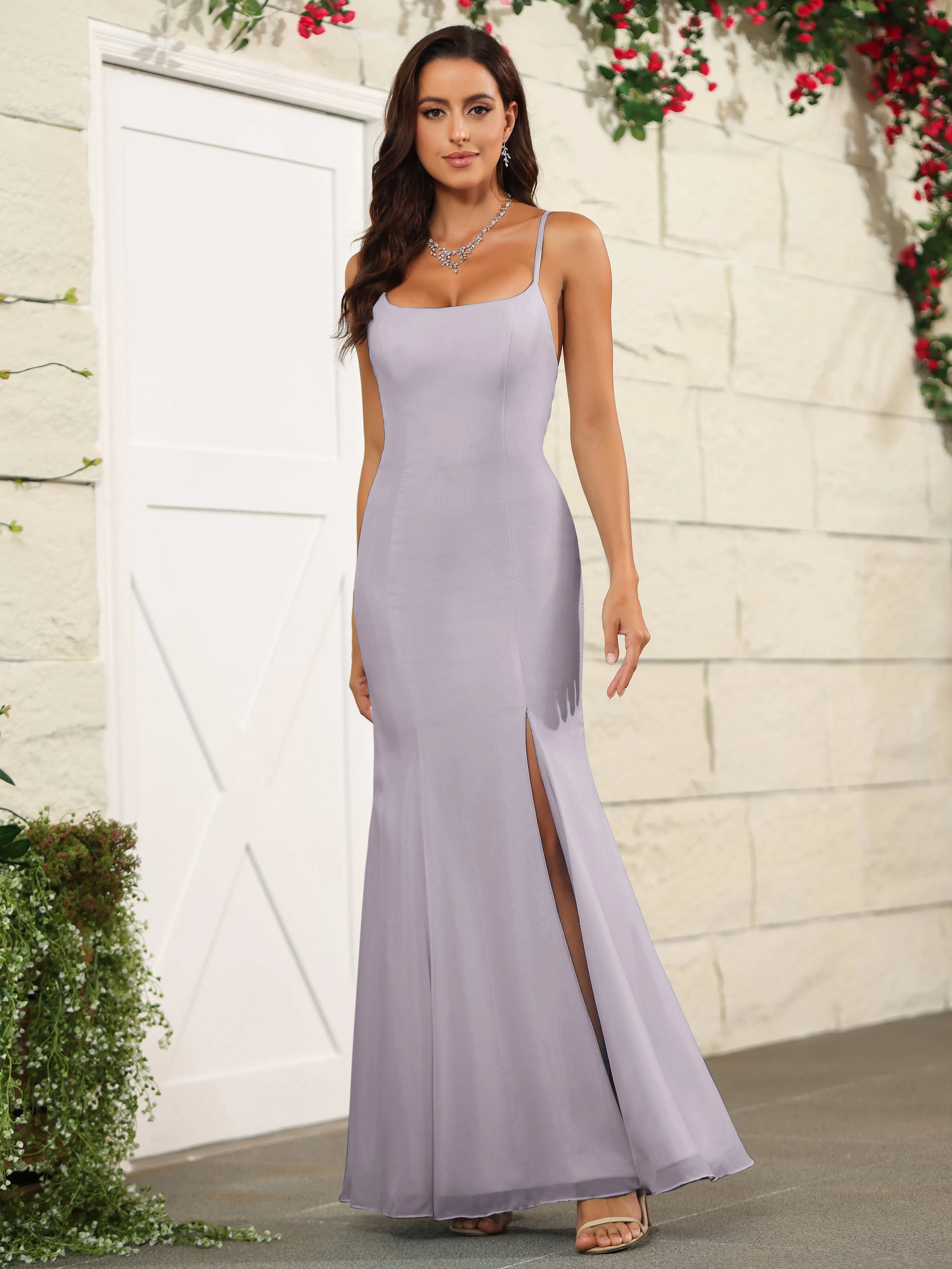 Cross Back Chiffon Spaghetti Straps Floor Length Bridesmaid Dress