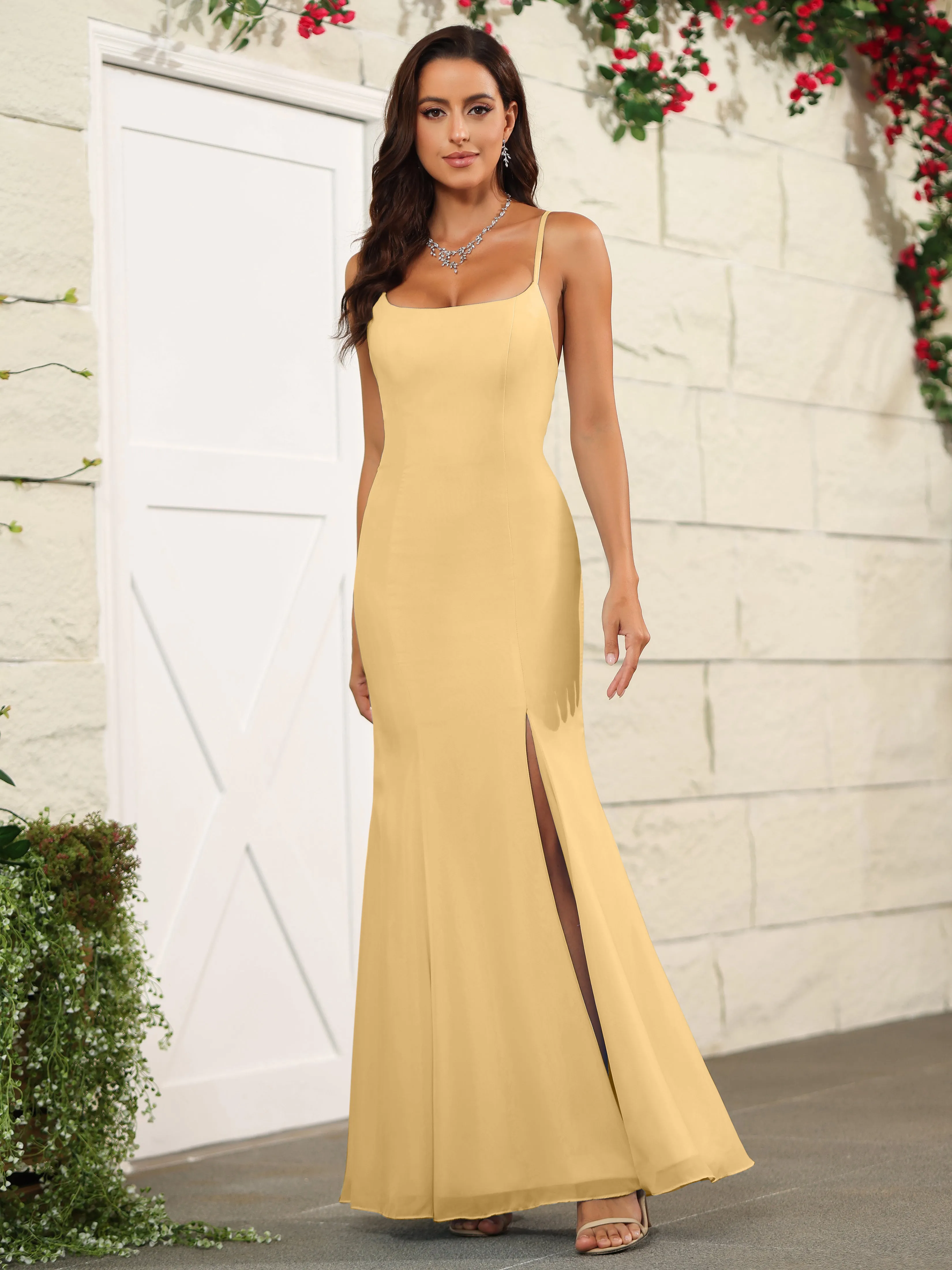 Cross Back Chiffon Spaghetti Straps Floor Length Bridesmaid Dress