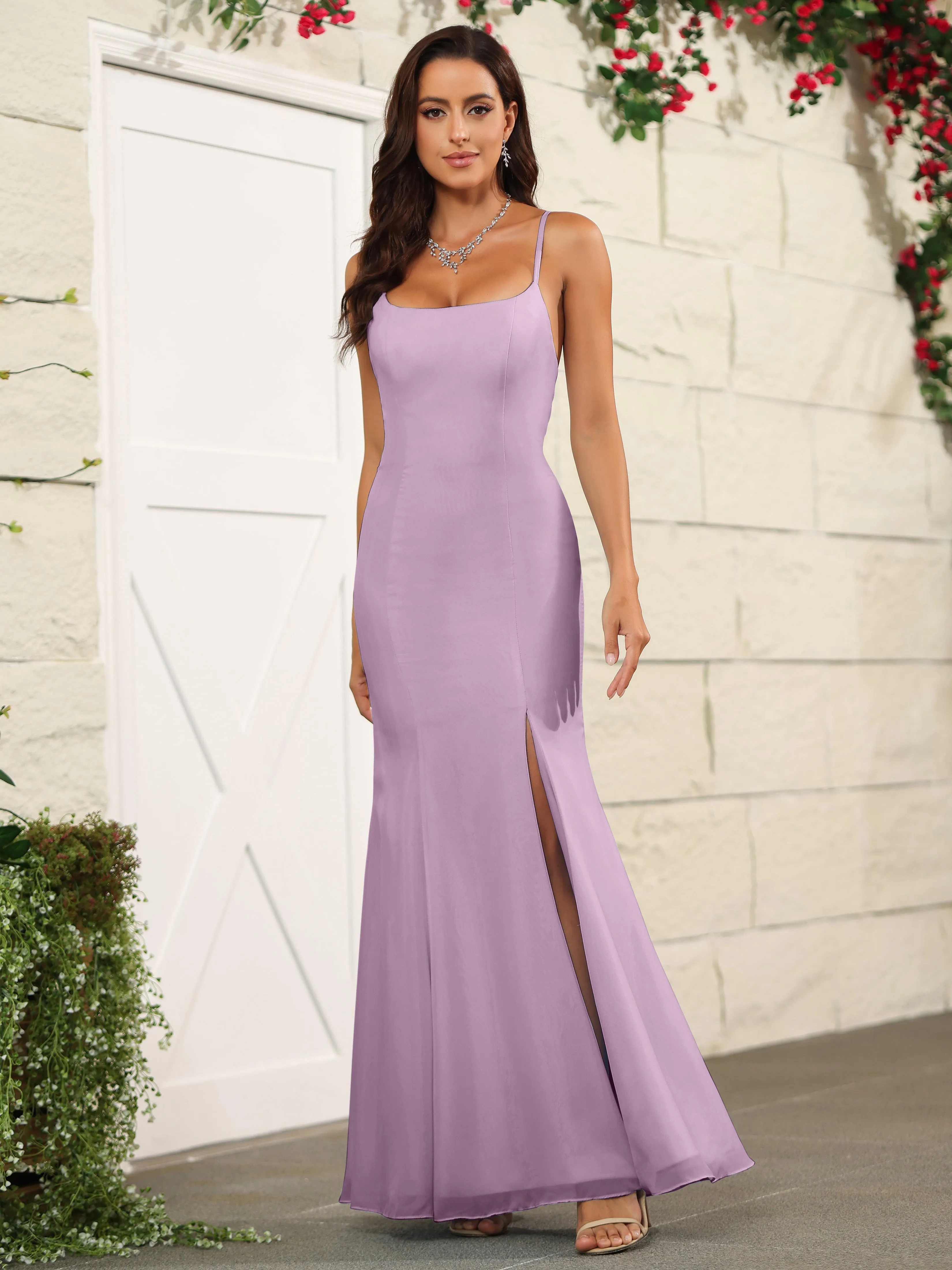 Cross Back Chiffon Spaghetti Straps Floor Length Bridesmaid Dress