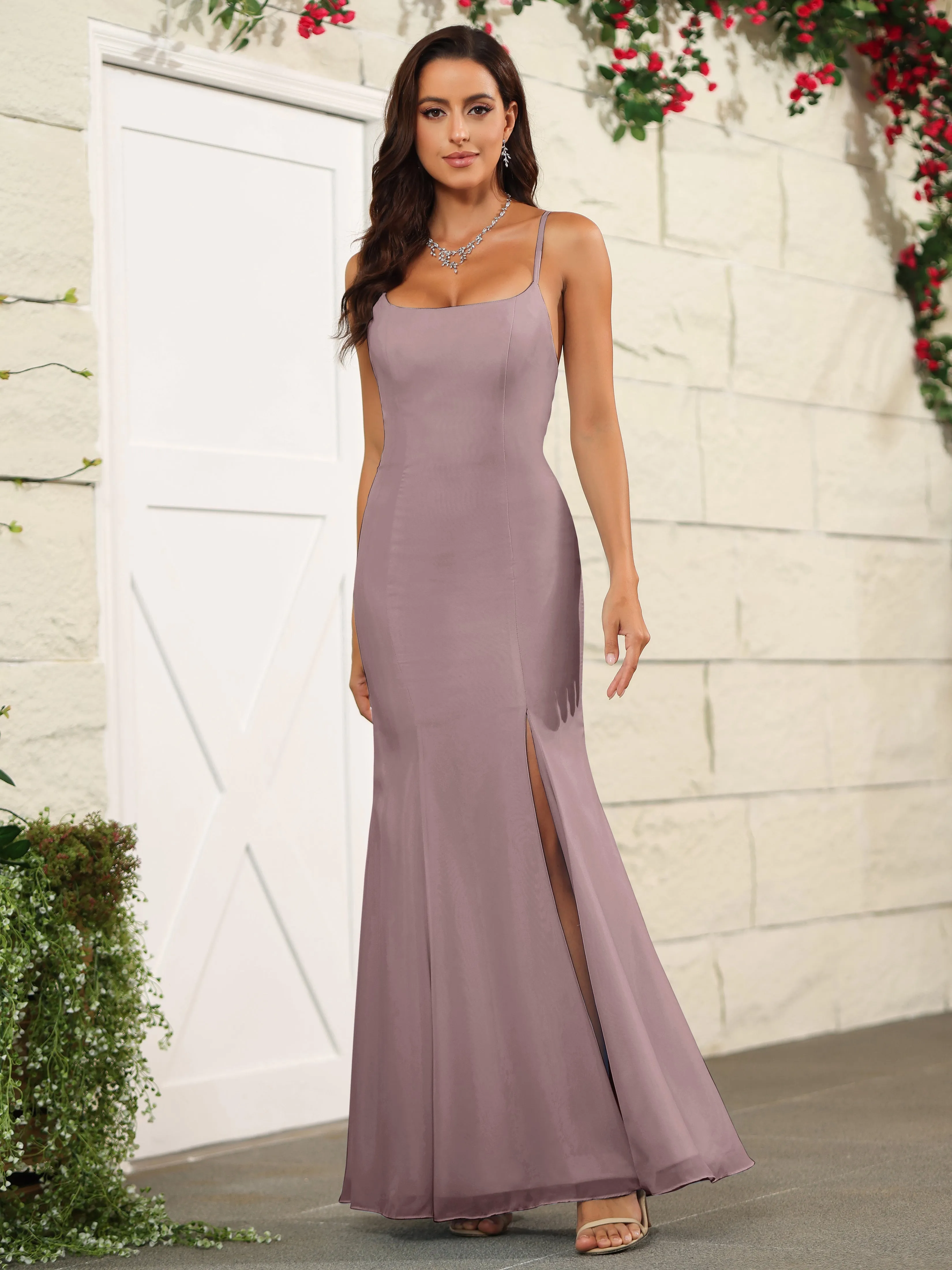 Cross Back Chiffon Spaghetti Straps Floor Length Bridesmaid Dress