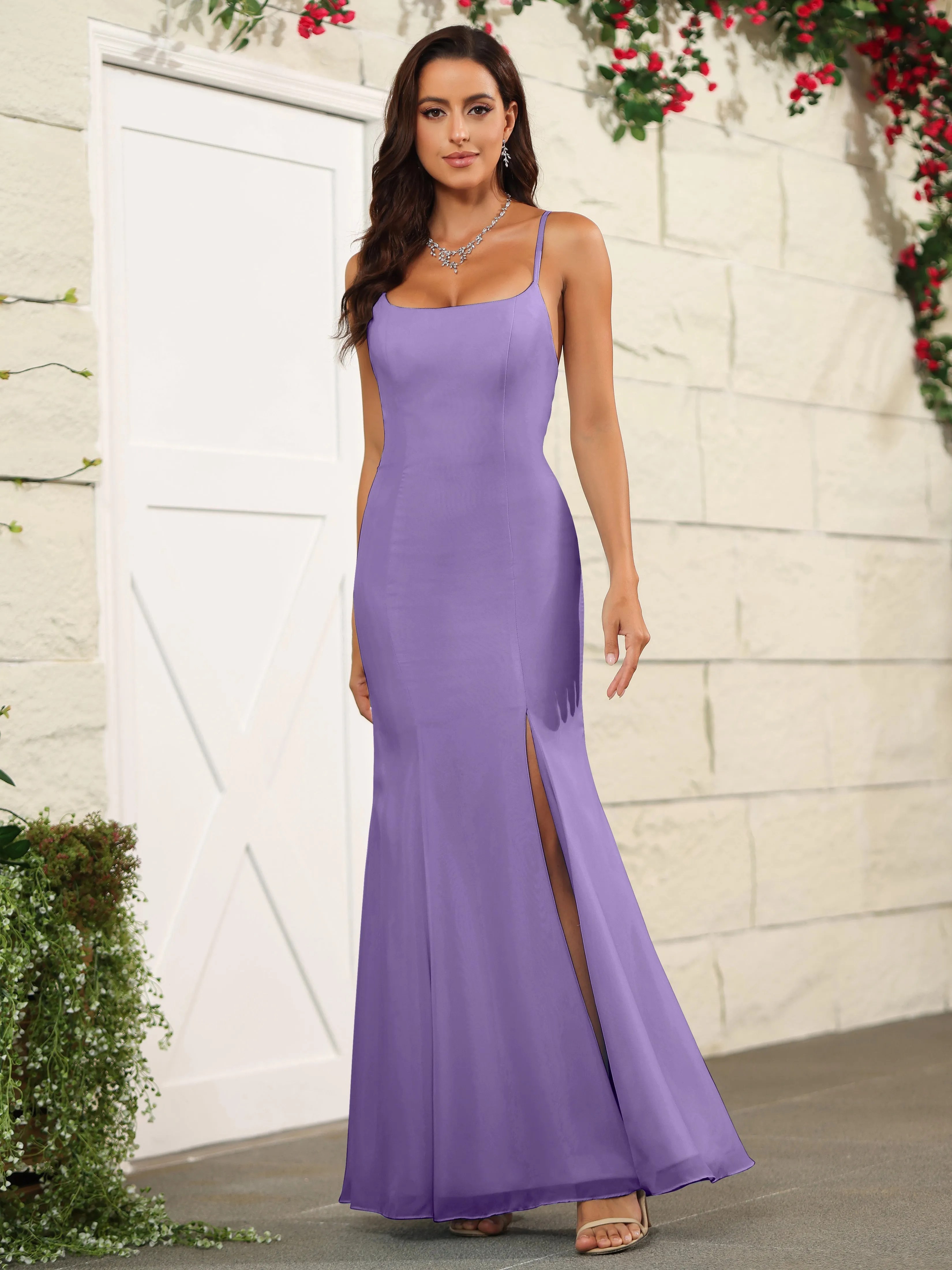 Cross Back Chiffon Spaghetti Straps Floor Length Bridesmaid Dress