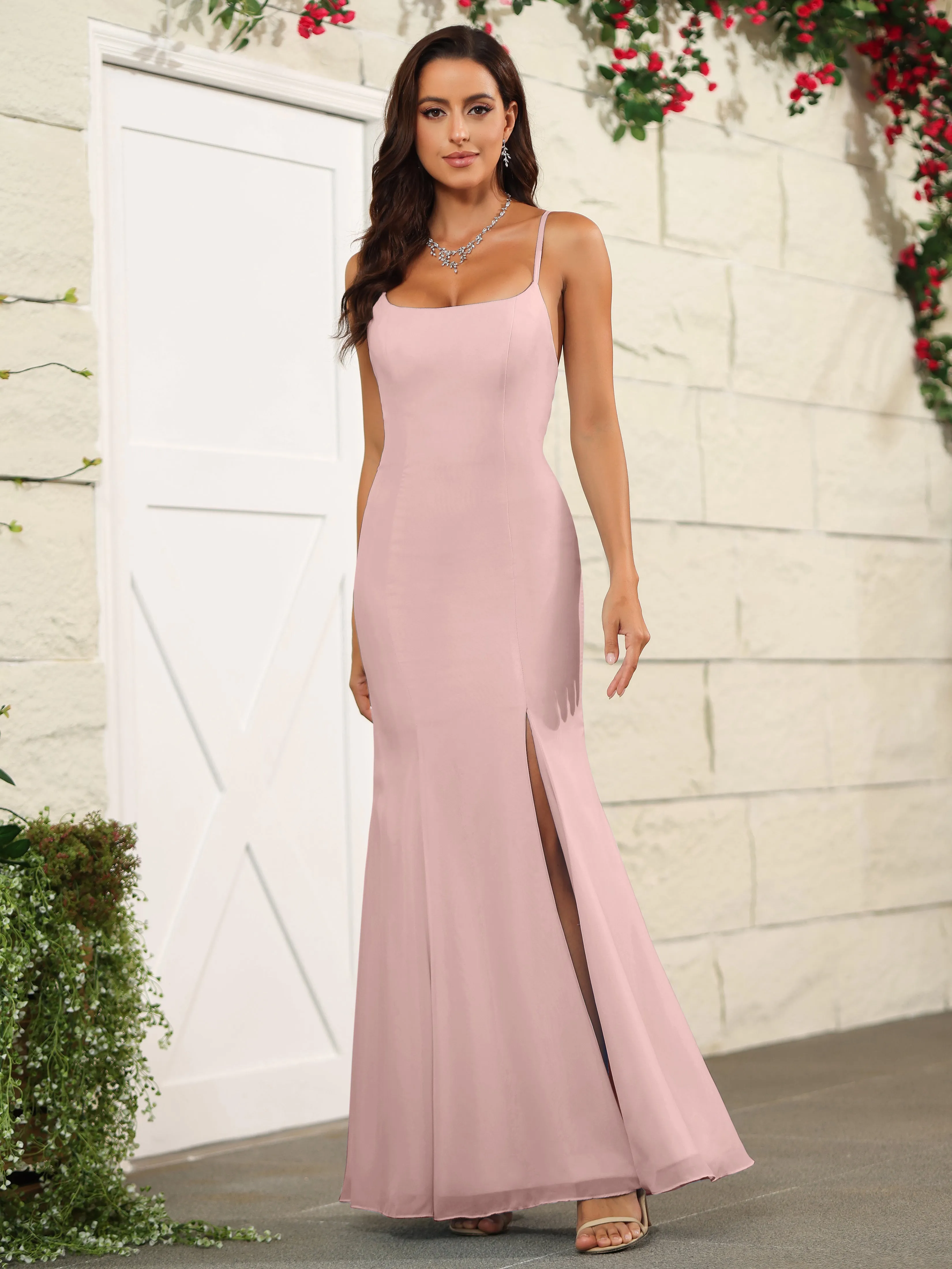 Cross Back Chiffon Spaghetti Straps Floor Length Bridesmaid Dress