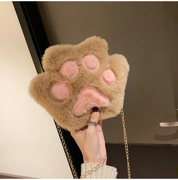 Cute Fluffy Cat Paw Plush Shoulder Bag