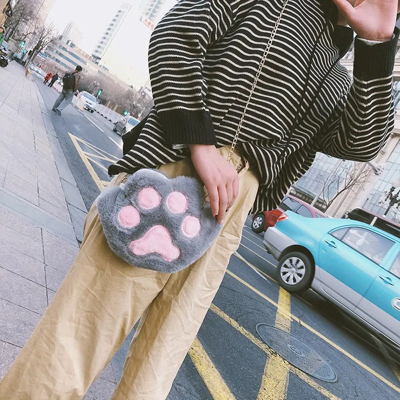 Cute Fluffy Cat Paw Plush Shoulder Bag