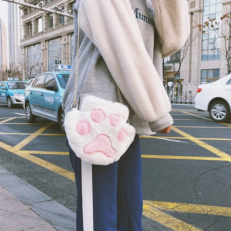 Cute Fluffy Cat Paw Plush Shoulder Bag