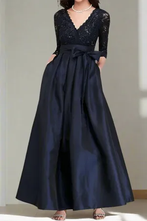 Dark Navy A-Line Ankle Length Satin Mother of The Bride Dresses
