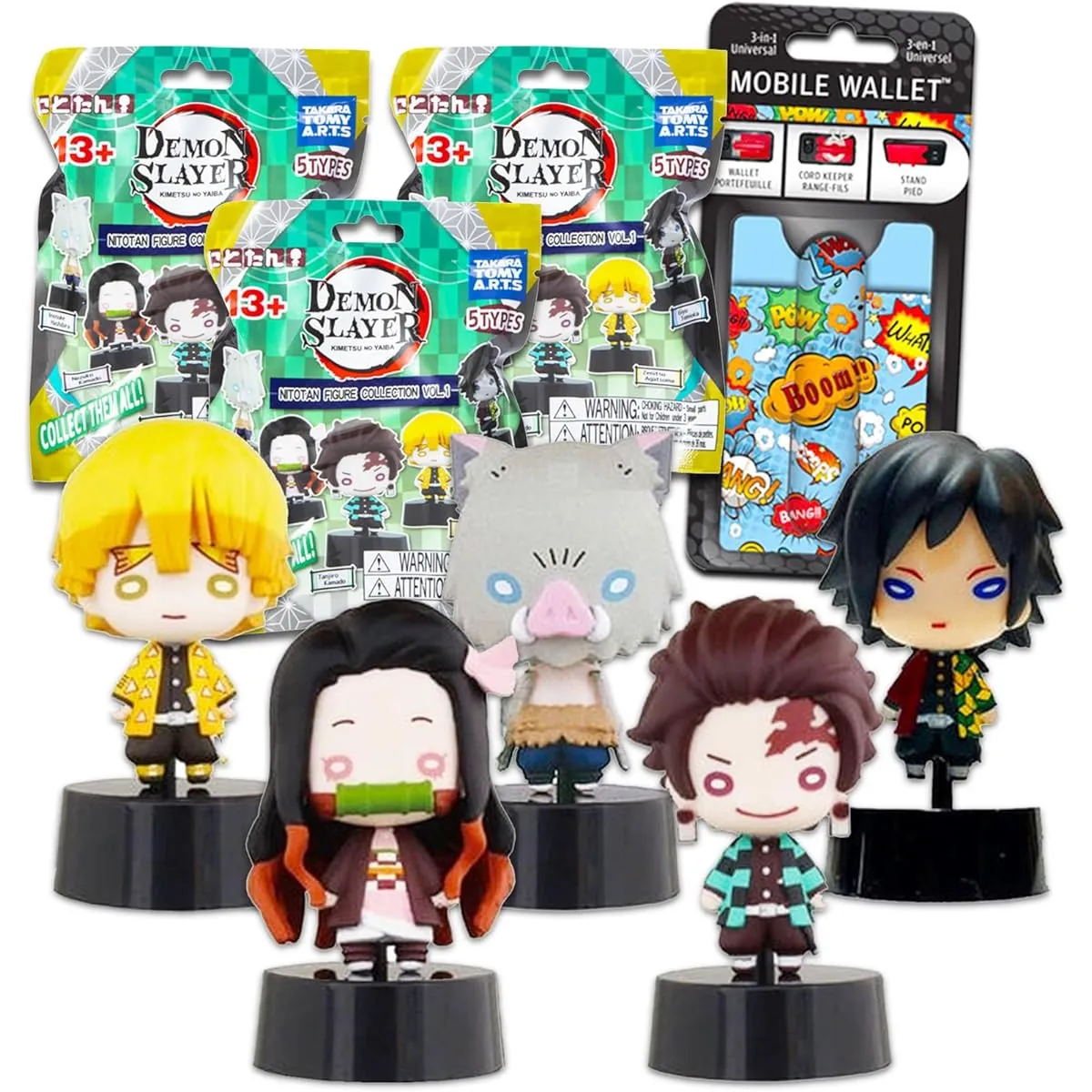 Demon Slayer Blind Bag Party Goods 3-Piece Set: 3 Demon Slayer Nitoutan Mini Mystery Figures   Comic Burst Mobile Wallet   Demon Slayer Figure for Kids