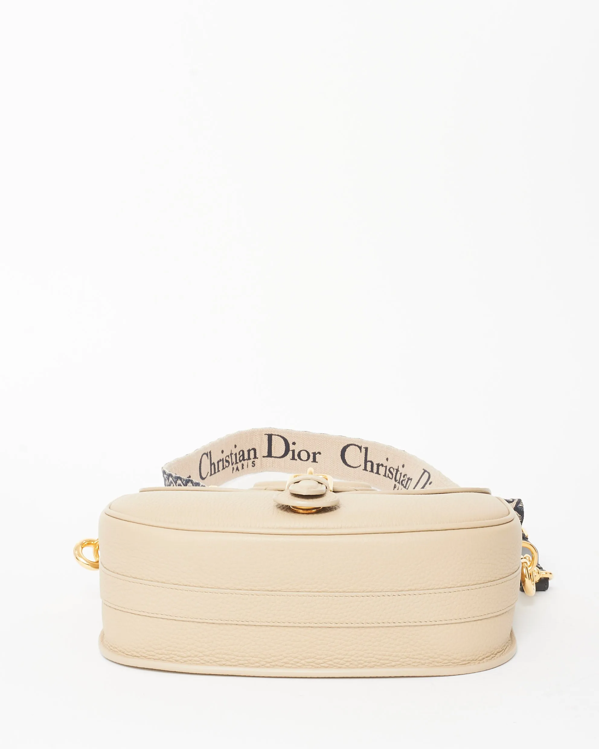 Dior Beige Grained Calfskin Leather & Blue Embroidered Guitar Strap Large Bobby Crossbody Bag
