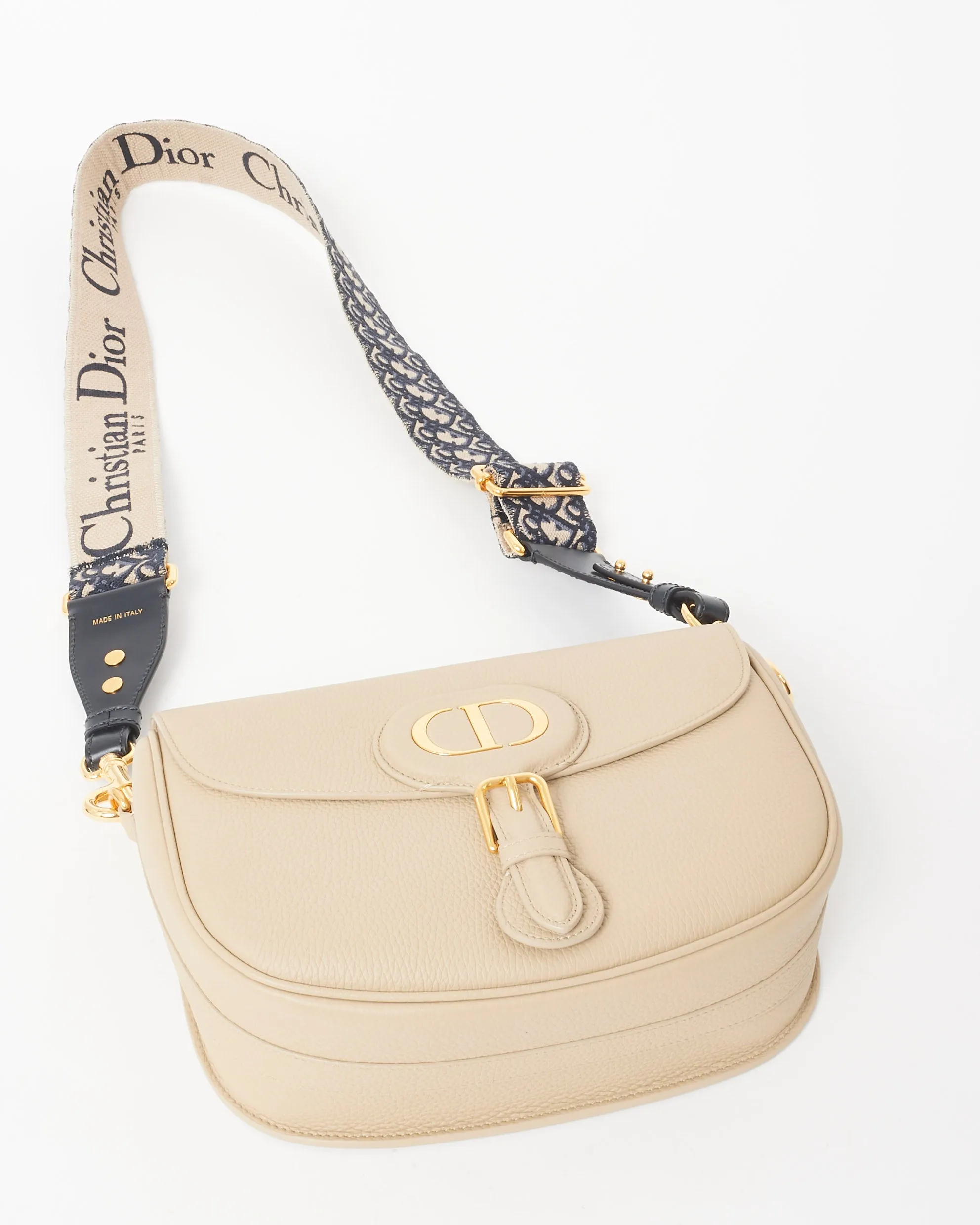 Dior Beige Grained Calfskin Leather & Blue Embroidered Guitar Strap Large Bobby Crossbody Bag
