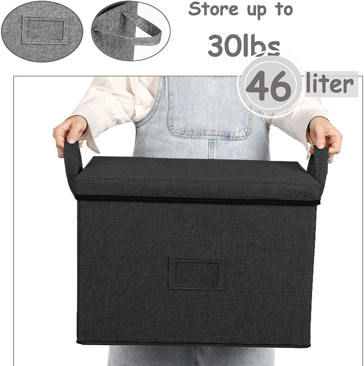 DOUBLE R BAGS Large-Capacity Foldable Storage Bin Box with Lid Cover and Handle (Black)(Strg-4B1)