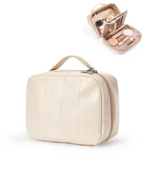 EACHY Travel Makeup Bag, Large Capacity Cosmetic Bags for Women, Waterproof PU Leather Make Up Bag with Makeup Brush Organizer (Checkered-White)