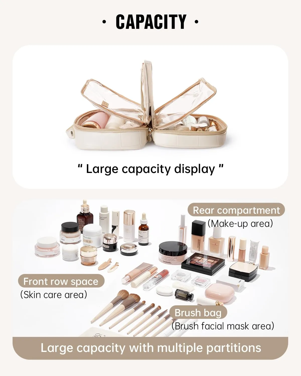 EACHY Travel Makeup Bag, Large Capacity Cosmetic Bags for Women, Waterproof PU Leather Make Up Bag with Makeup Brush Organizer (Checkered-White)