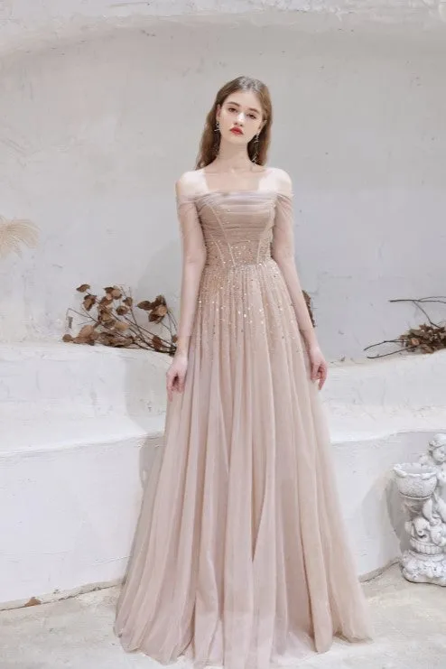 Elegant A Line Nude Pink Prom Dresses Lace Up Party Dresses