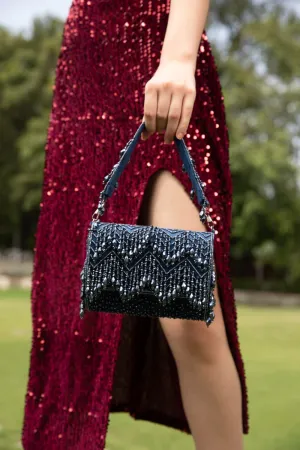 Embellished Blue Purse Clutch With Fold-Over Design