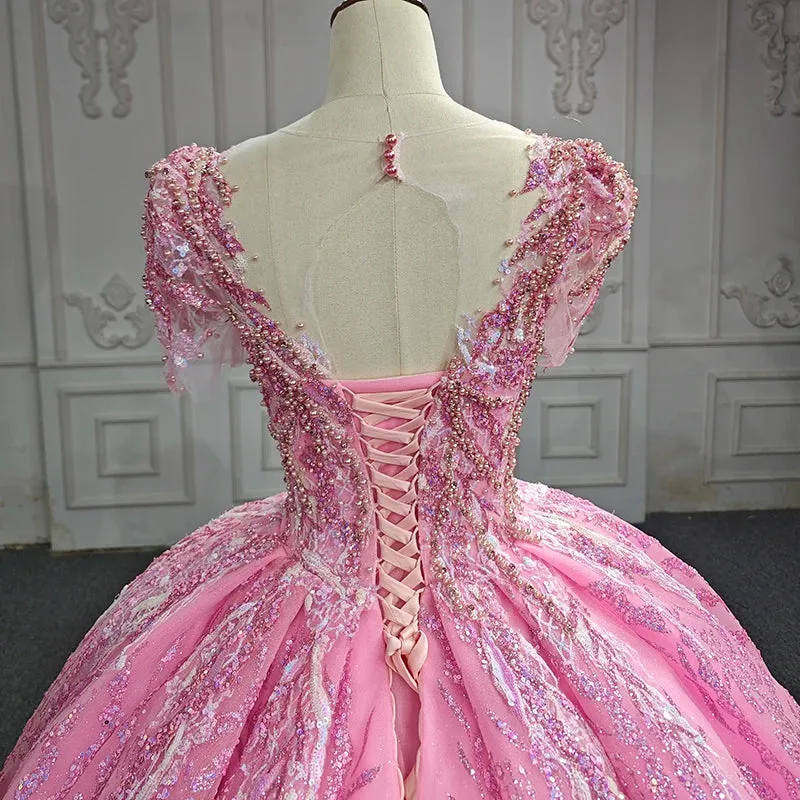 Exquisite Beading Quinceanera Dresses V-neck Short Sleeves Ball Gown