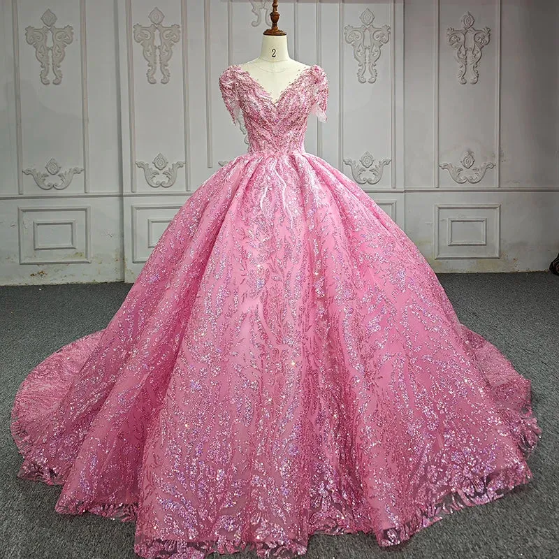 Exquisite Beading Quinceanera Dresses V-neck Short Sleeves Ball Gown