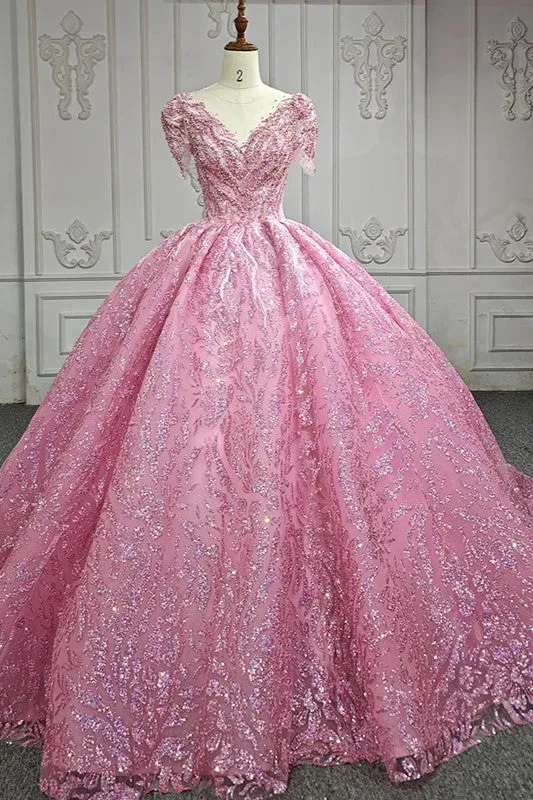 Exquisite Beading Quinceanera Dresses V-neck Short Sleeves Ball Gown