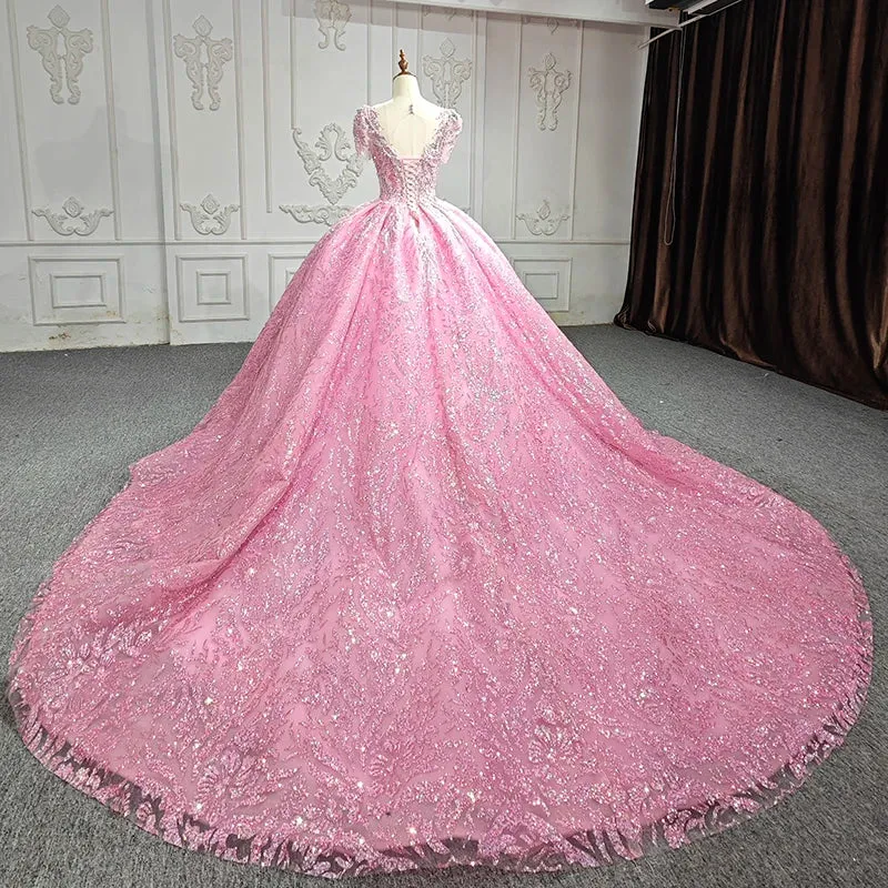 Exquisite Beading Quinceanera Dresses V-neck Short Sleeves Ball Gown