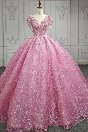 Exquisite Beading Quinceanera Dresses V-neck Short Sleeves Ball Gown
