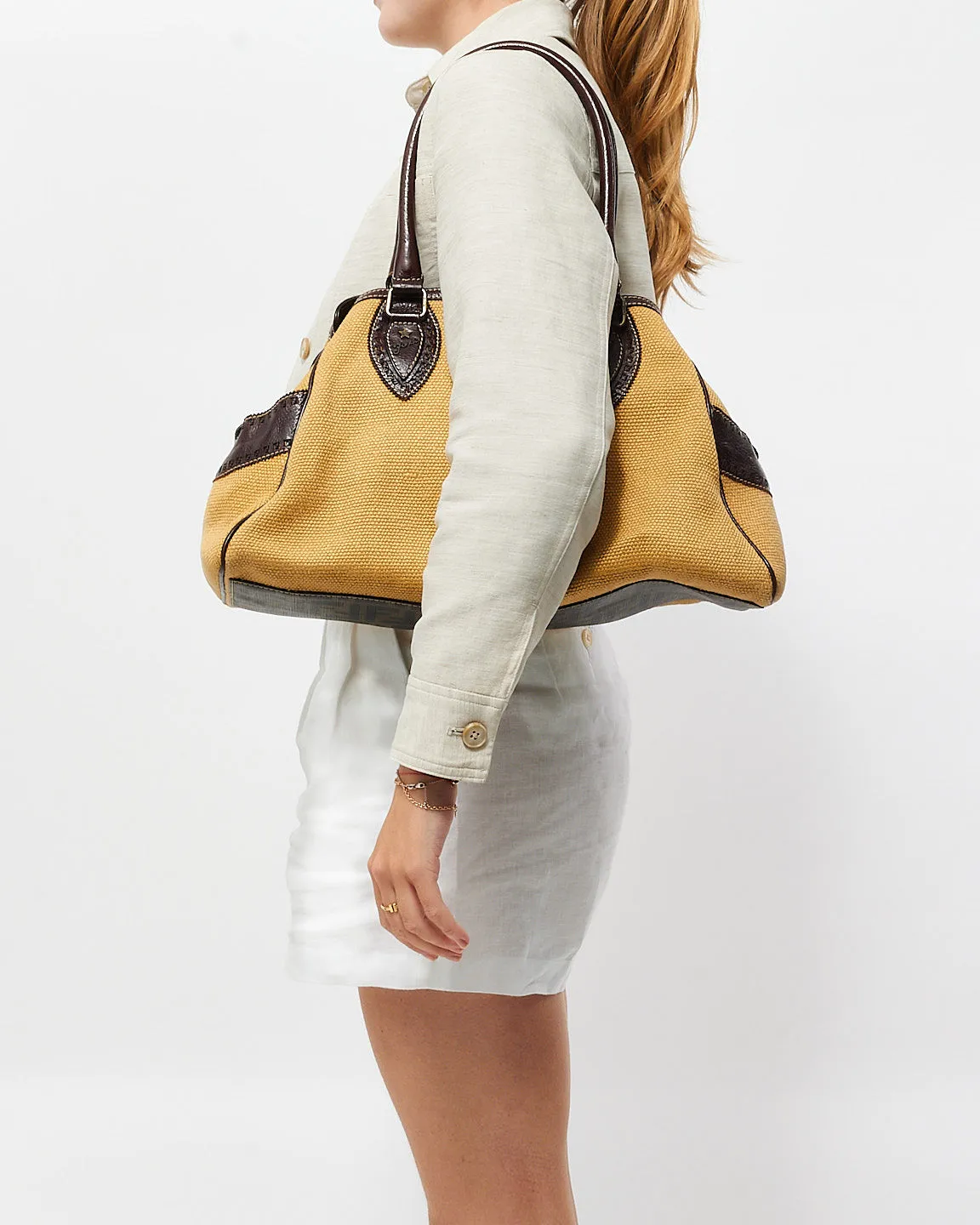 Fendi Vintage Beige Canvas & Brown Leather Bag De Jour