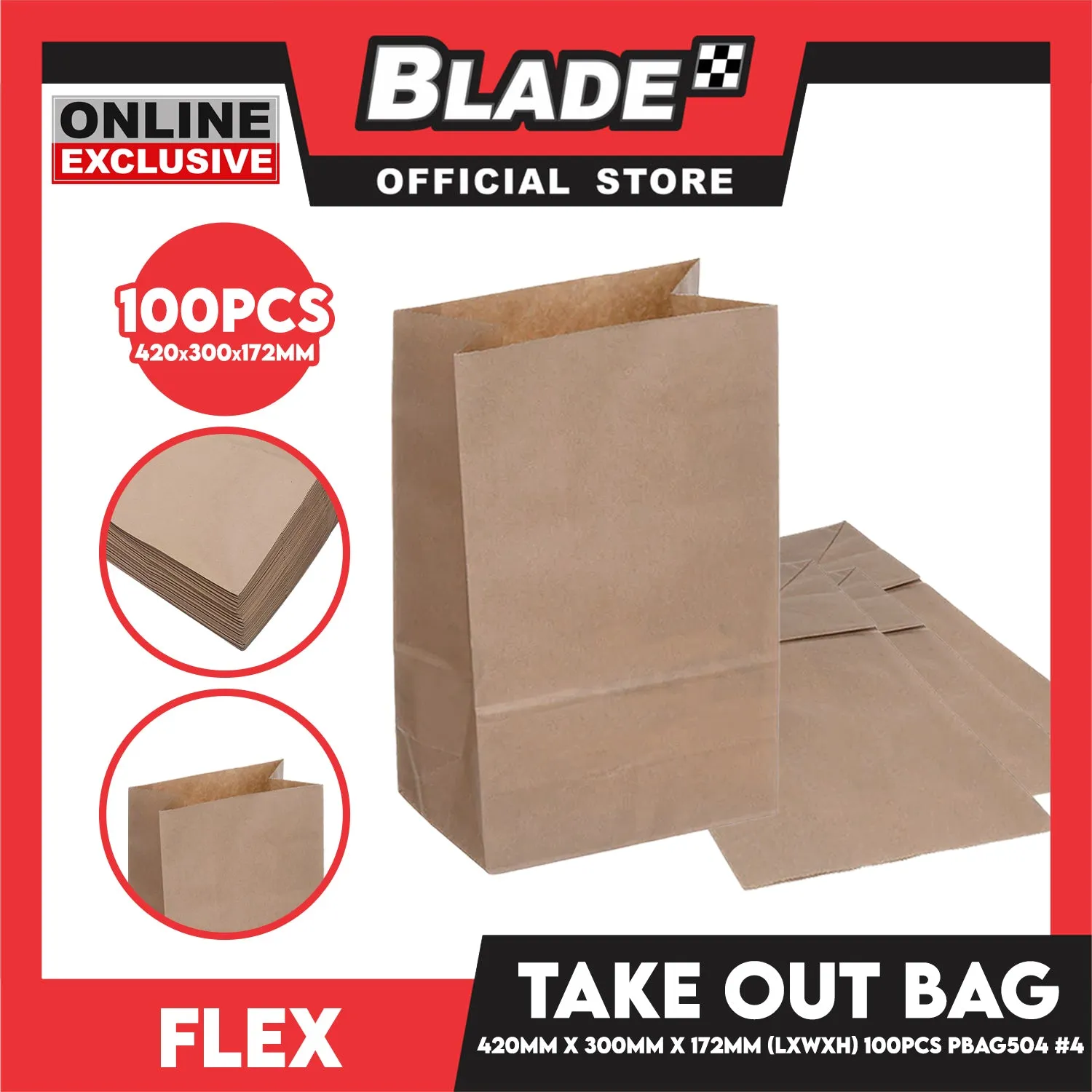 Flex Take Out Bag Paper Bags for Grocery Shopping 100pcs #4 PBAG504 420x300x172mm (LxWxH)