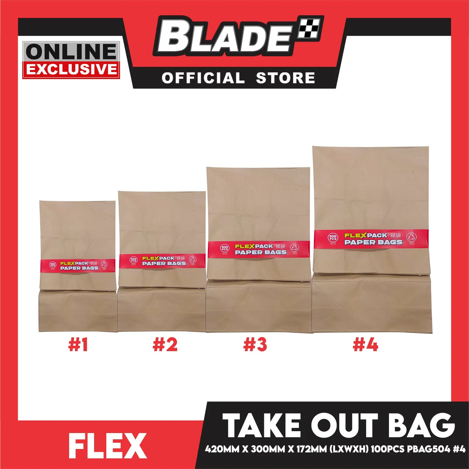 Flex Take Out Bag Paper Bags for Grocery Shopping 100pcs #4 PBAG504 420x300x172mm (LxWxH)