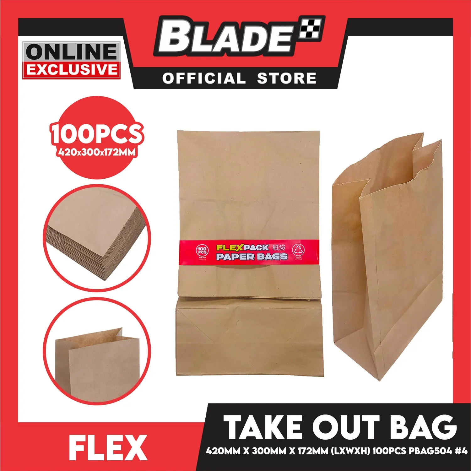 Flex Take Out Bag Paper Bags for Grocery Shopping 100pcs #4 PBAG504 420x300x172mm (LxWxH)