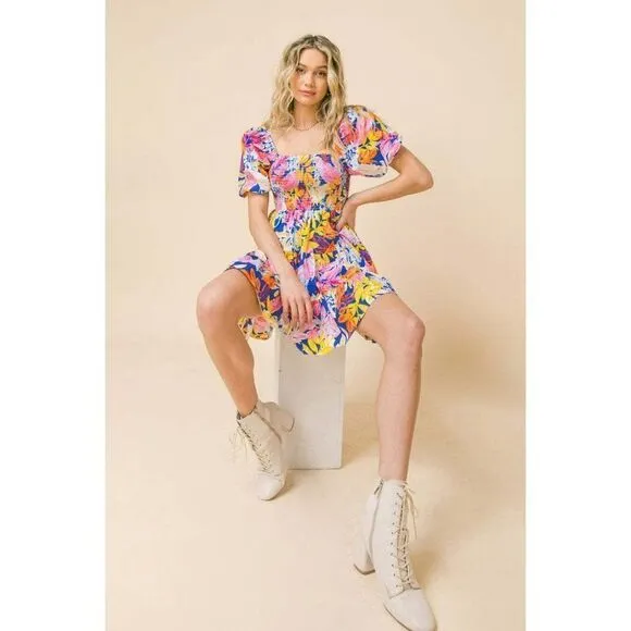 FLYING TOMATO LOVELY MEETING YOU WOVEN MINI DRESS FLORAL FLIRTY VACAY ID18744